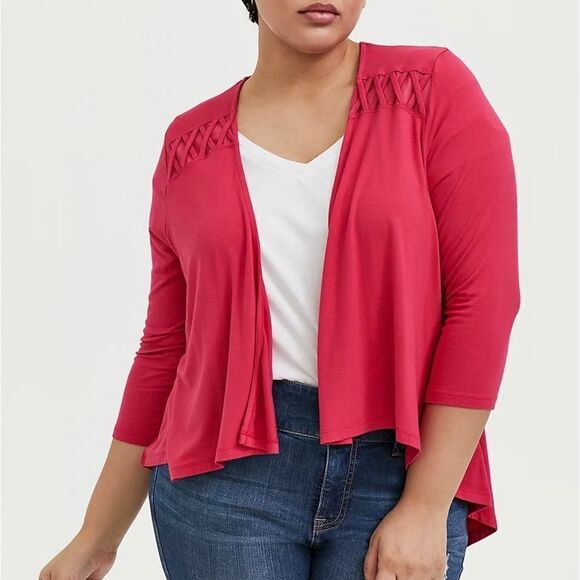 TORRID Fuschia Pink Super Soft Lattice Insert Hi-Lo Cardigan Size 2X - Picture 1 of 9